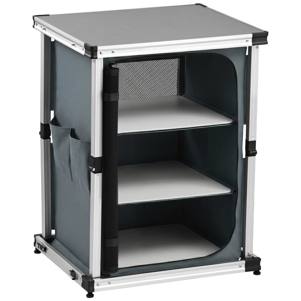VEVOR Folding Camping Storage Cabinet, Outdoor Portable Aluminum Lightweight Table, Quick Set-up Compact Kitchen Cook Station, with 3 Shelves and Carry Bag, for Picnic, BBQ, Camping, RV Traveling