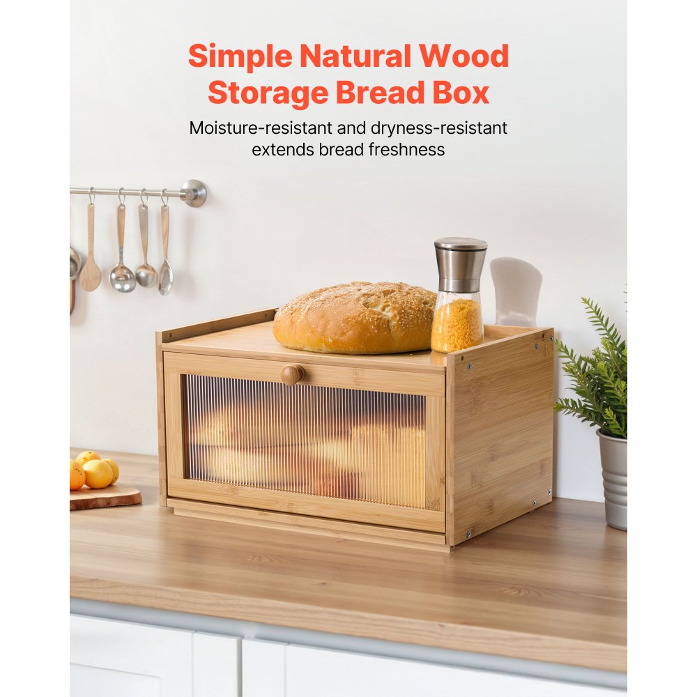 VEVOR Bread Box for Kitchen Counter, Large Capacity Bamboo Bread Storage Container, Farmhouse Wooden Breadbox Organizer for Homemade Bread, Storage Holder Bin with Acrylic Wavy Door Panel, Natural