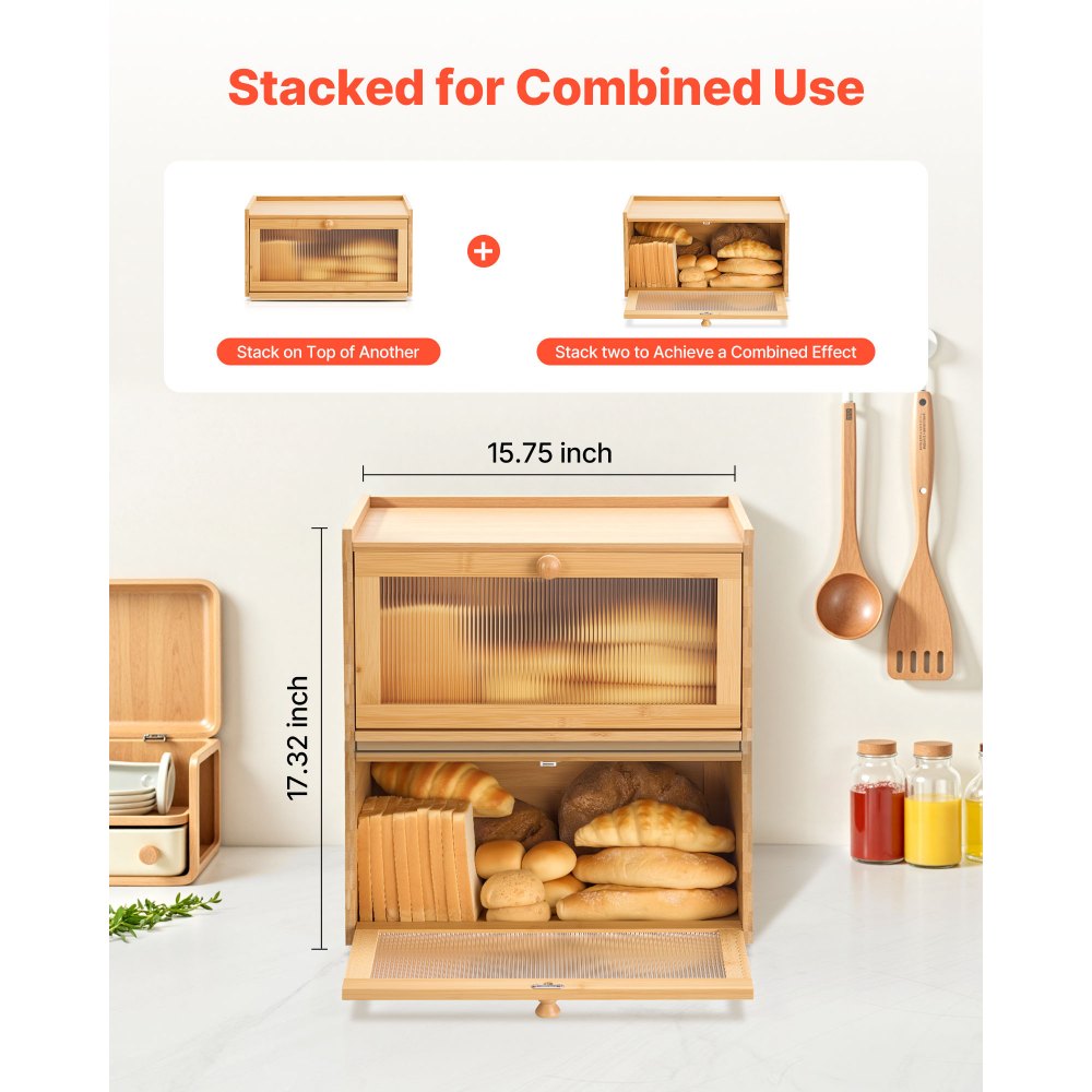 VEVOR Bread Box for Kitchen Counter, Large Capacity Bamboo Bread Storage Container, Farmhouse Wooden Breadbox Organizer for Homemade Bread, Storage Holder Bin with Acrylic Wavy Door Panel, Natural