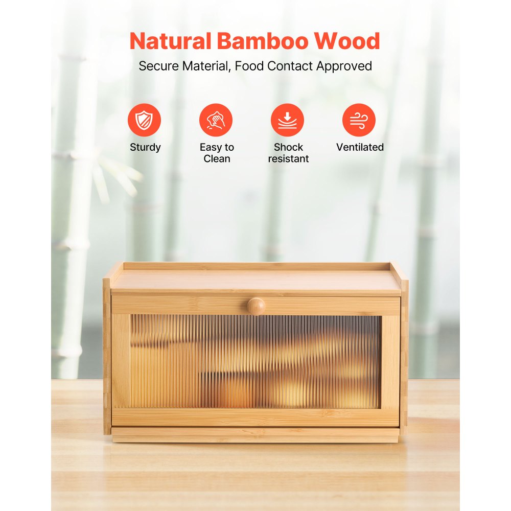 VEVOR Bread Box for Kitchen Counter, Large Capacity Bamboo Bread Storage Container, Farmhouse Wooden Breadbox Organizer for Homemade Bread, Storage Holder Bin with Acrylic Wavy Door Panel, Natural