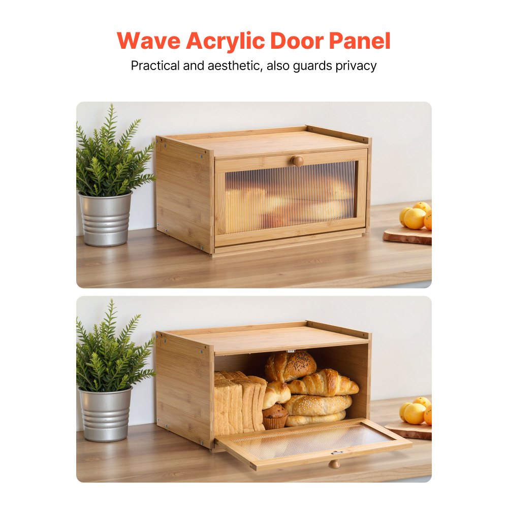VEVOR Bread Box for Kitchen Counter, Large Capacity Bamboo Bread Storage Container, Farmhouse Wooden Breadbox Organizer for Homemade Bread, Storage Holder Bin with Acrylic Wavy Door Panel, Natural