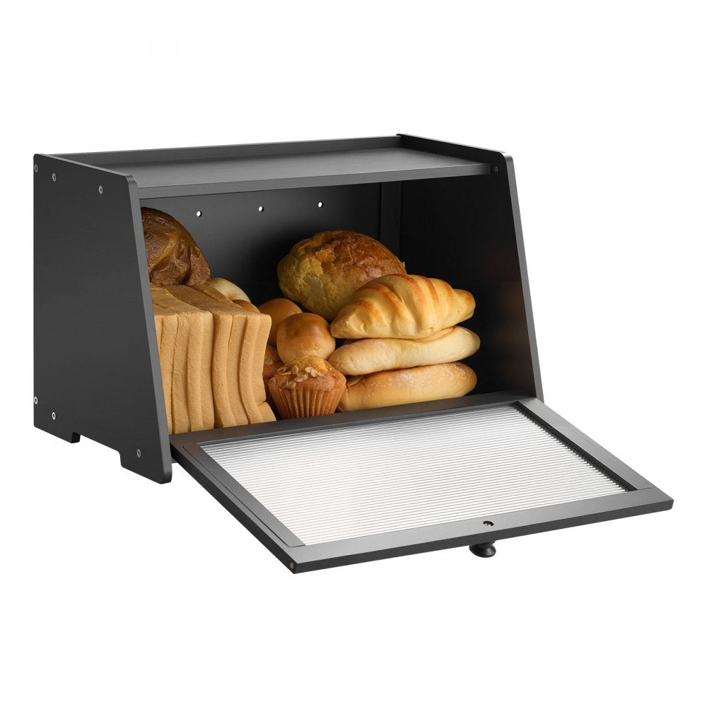 VEVOR Bread Box for Kitchen Counter, Large Capacity Bamboo Bread Storage Container, Farmhouse Wooden Breadbox Organizer for Homemade Bread, Storage Holder Bin with Acrylic Wavy Door Panel, Black