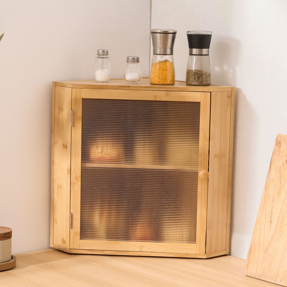 VEVOR Corner Bread Box for Kitchen Counter, Double Layer Large Capacity Bamboo Bread Storage Container, Farmhouse Wooden Breadbox for Homemade Bread, Storage Holder Bin with Acrylic Wavy Door, Natural