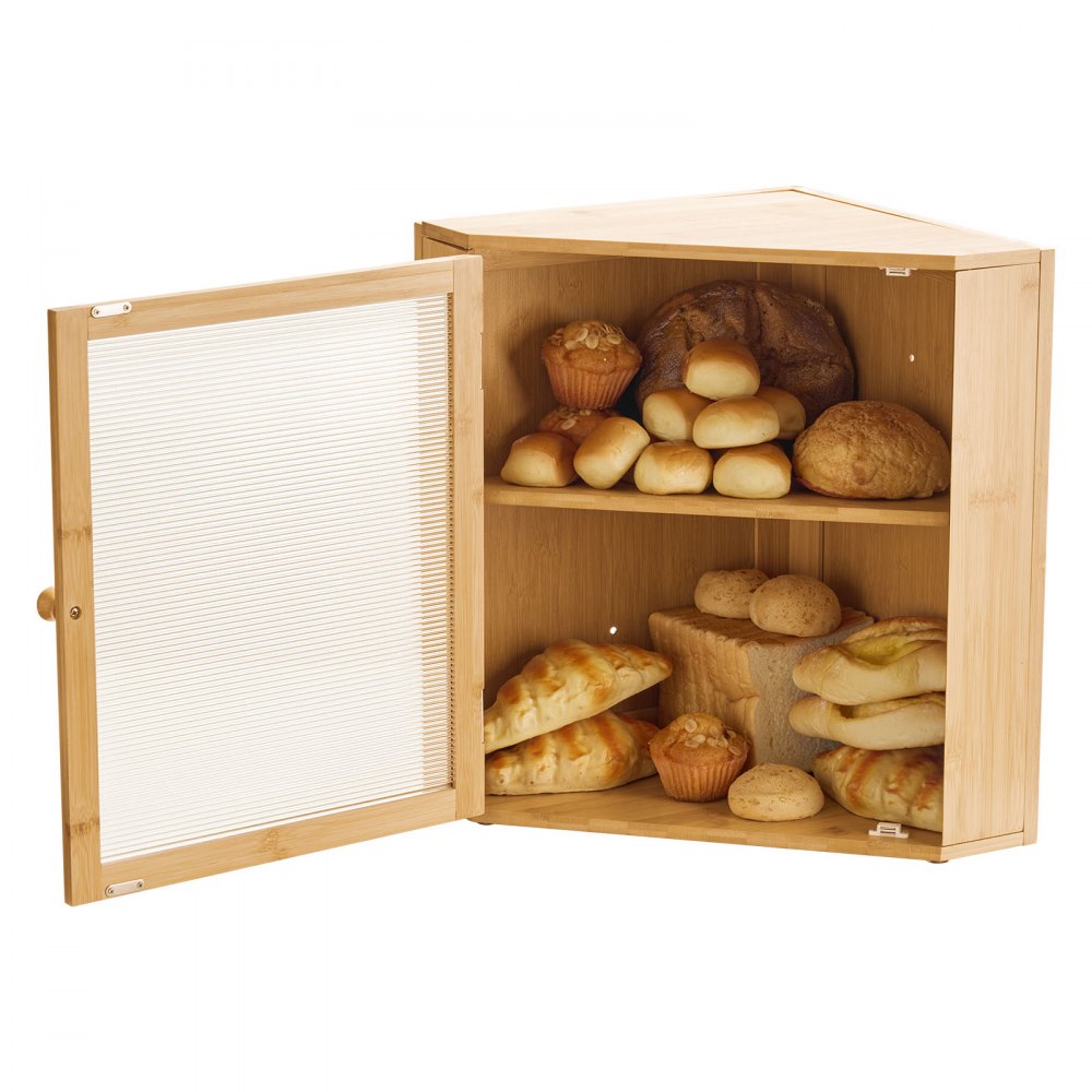 VEVOR Corner Bread Box for Kitchen Counter, Double Layer Large Capacity Bamboo Bread Storage Container, Farmhouse Wooden Breadbox for Homemade Bread, Storage Holder Bin with Acrylic Wavy Door, Natural