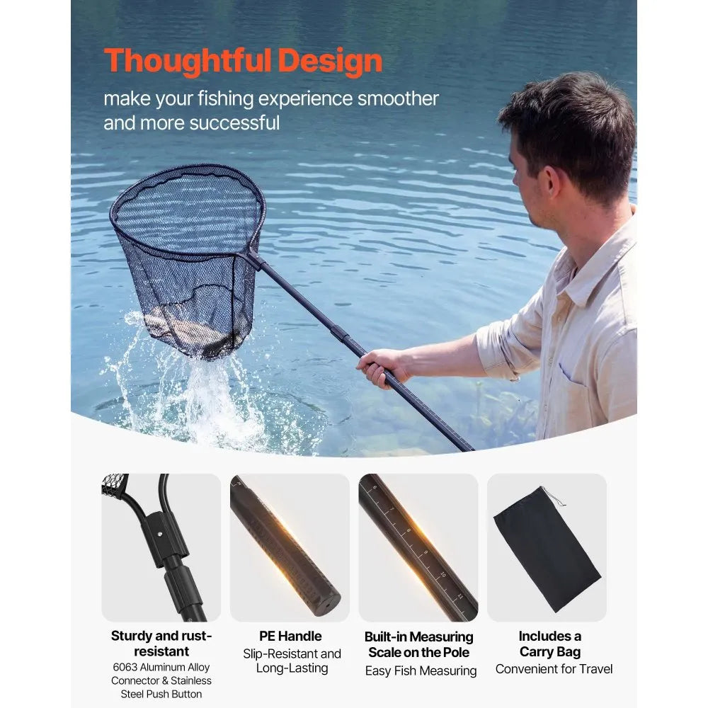 VEVOR Fishing Net, Landing Nets with Telescopic Handle, Portable Lightweight Stronger 6063 Aluminum Fish Gear, Nylon Covered PVC, Durable and Fish-friendly, 26 inch Net Opening for Saltwater Bait Fish