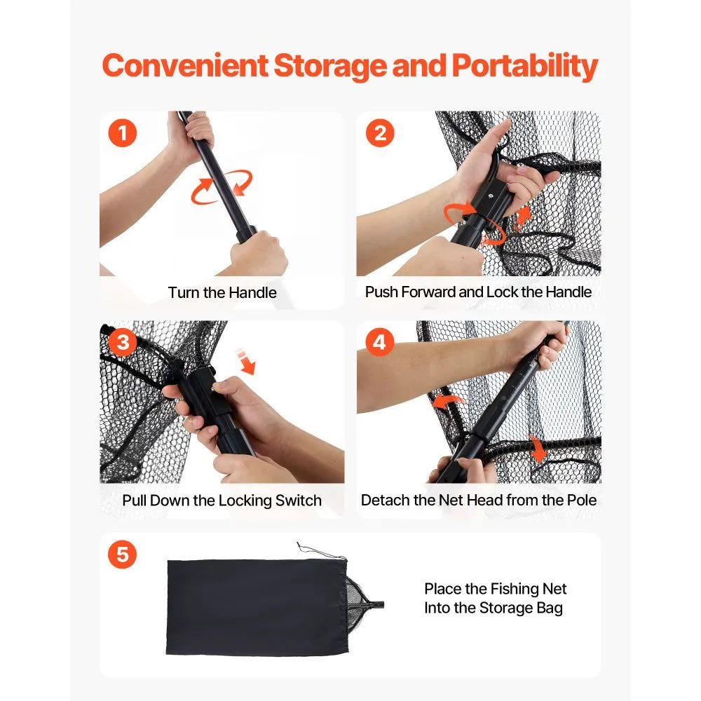 VEVOR Fishing Net, Landing Nets with Telescopic Handle, Portable Lightweight Stronger 6063 Aluminum Fish Gear, Nylon Covered PVC, Durable and Fish-friendly, 26 inch Net Opening for Saltwater Bait Fish