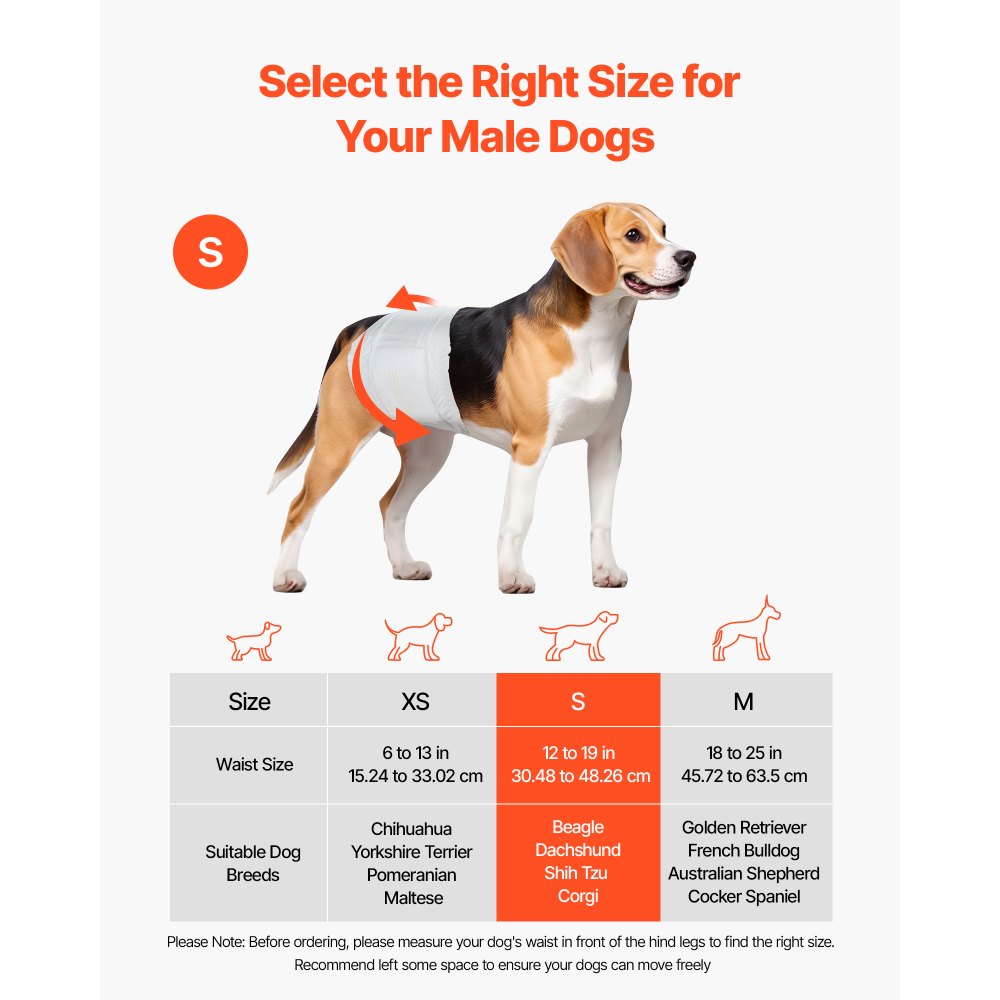 VEVOR Disposable Male Dog Diapers, Super Absorbent Male Dog Wraps, 360 ° Leak-Proof Belly Bands with Wetness Indicator for Doggies in Heat, Training, Incontinence - S, 144 Count (2 Packs of 72)