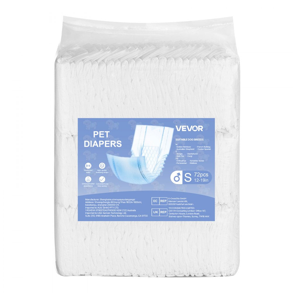 VEVOR Disposable Male Dog Diapers, Super Absorbent Male Dog Wraps, 360 ° Leak-Proof Belly Bands with Wetness Indicator for Doggies in Heat, Training, Incontinence - S, 144 Count (2 Packs of 72)