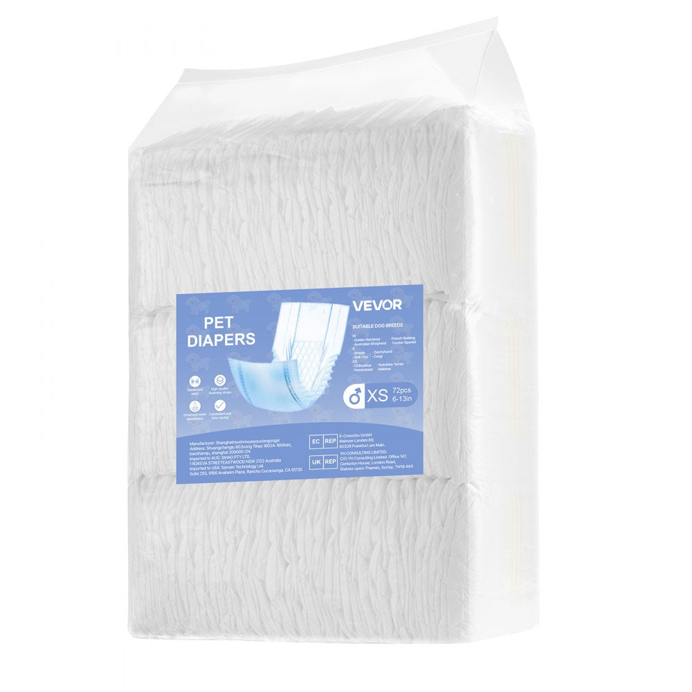 VEVOR Disposable Male Dog Diapers, Super Absorbent Male Dog Wraps, 360 ° Leak-Proof Belly Bands with Wetness Indicator for Doggies in Heat, Training, Incontinence - XS, 144 Count (2 Packs of 72)