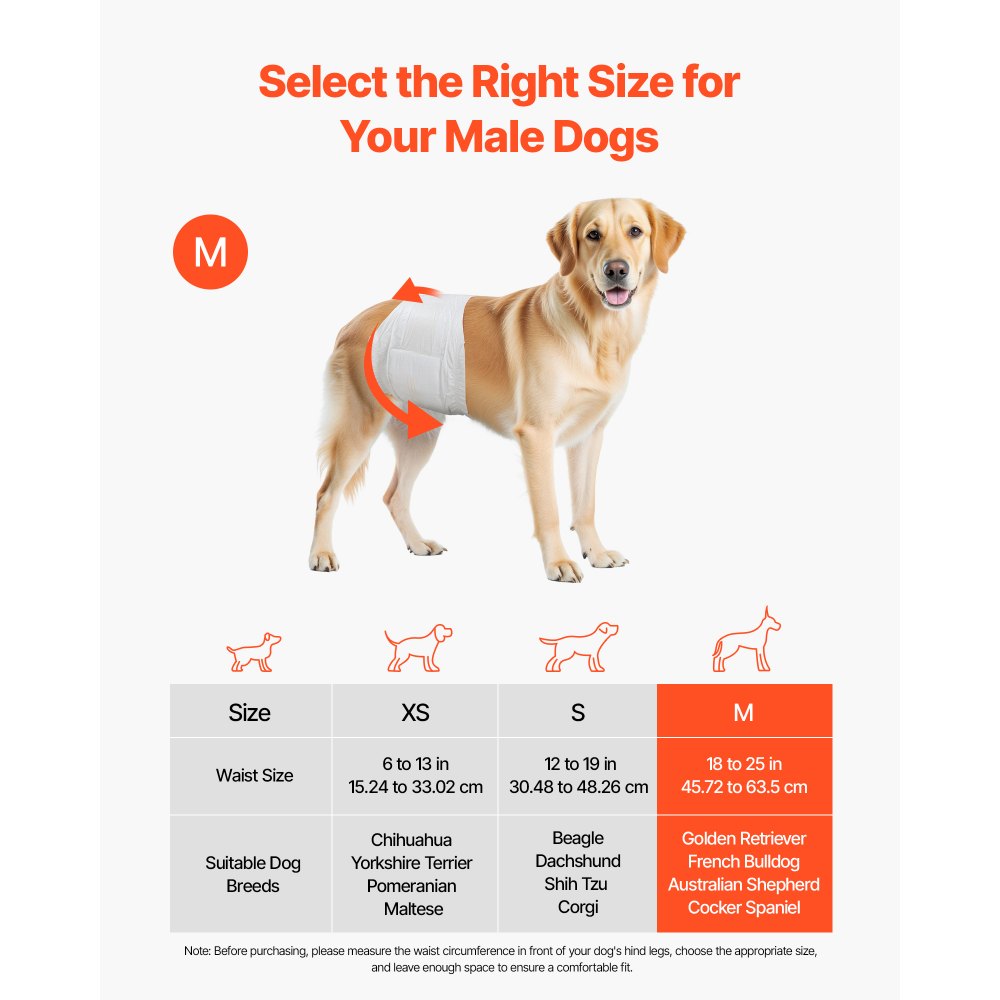 VEVOR Disposable Male Dog Diapers, Super Absorbent Male Dog Wraps, 360 ° Leak-Proof Belly Bands with Wetness Indicator for Doggies in Heat, Training, Incontinence - M, 96 Count (2 Packs of 48)