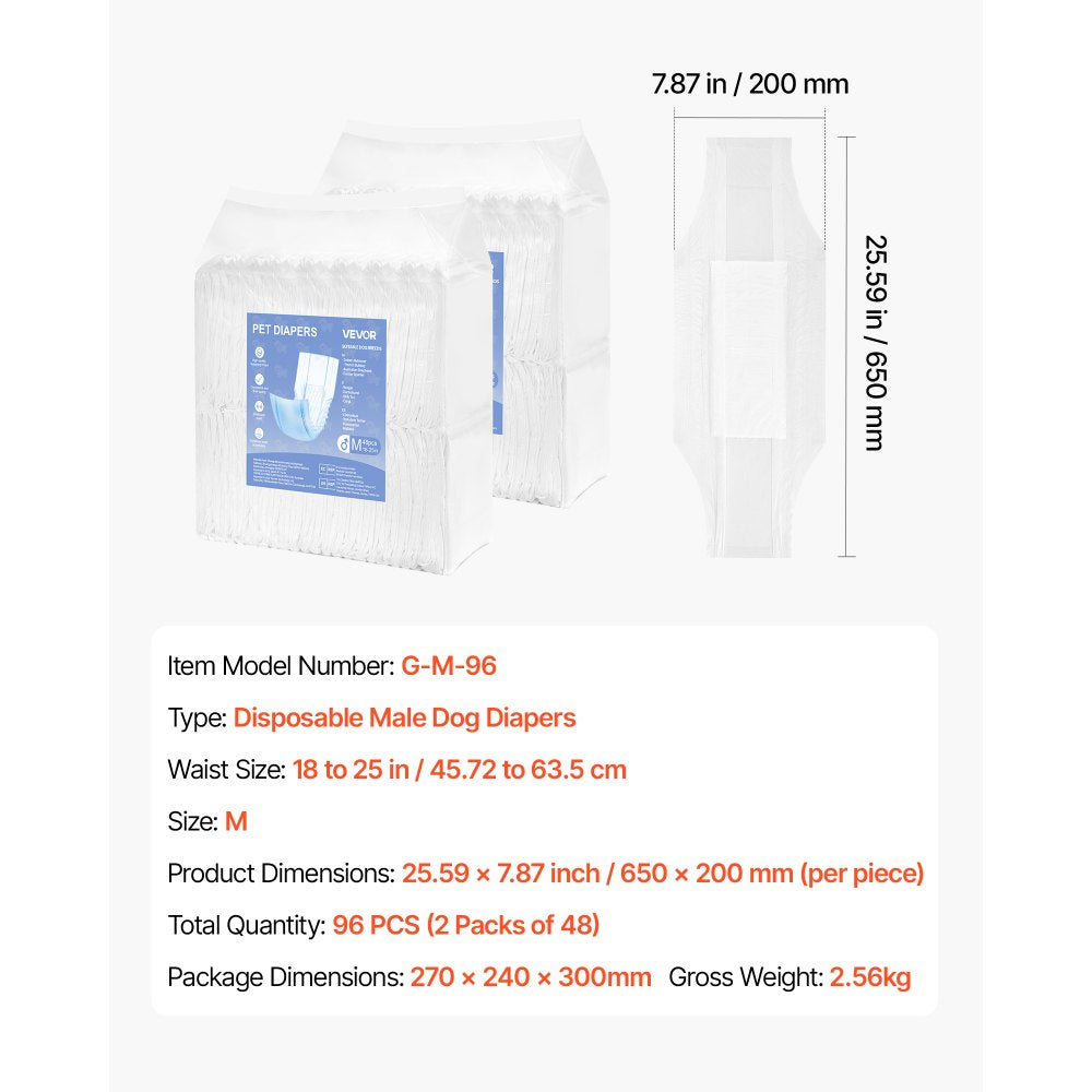 VEVOR Disposable Male Dog Diapers, Super Absorbent Male Dog Wraps, 360 ° Leak-Proof Belly Bands with Wetness Indicator for Doggies in Heat, Training, Incontinence - M, 96 Count (2 Packs of 48)