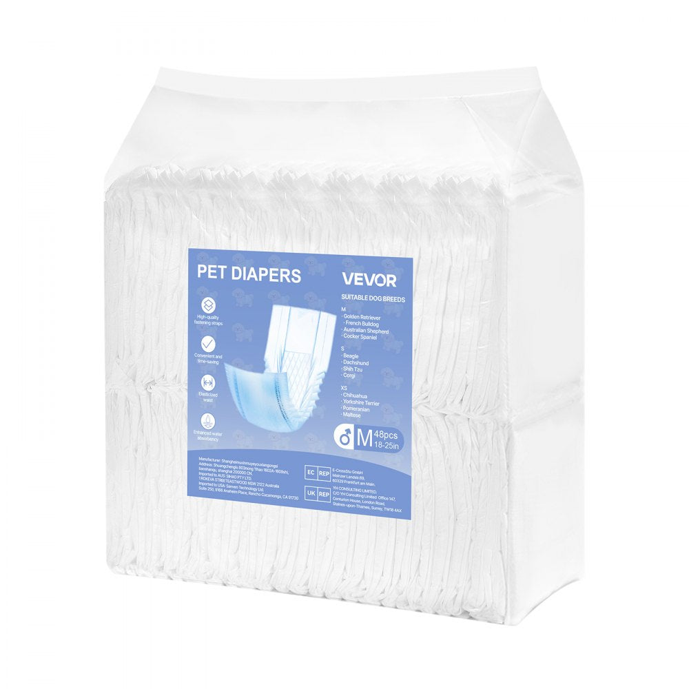VEVOR Disposable Male Dog Diapers, Super Absorbent Male Dog Wraps, 360 ° Leak-Proof Belly Bands with Wetness Indicator for Doggies in Heat, Training, Incontinence - M, 96 Count (2 Packs of 48)