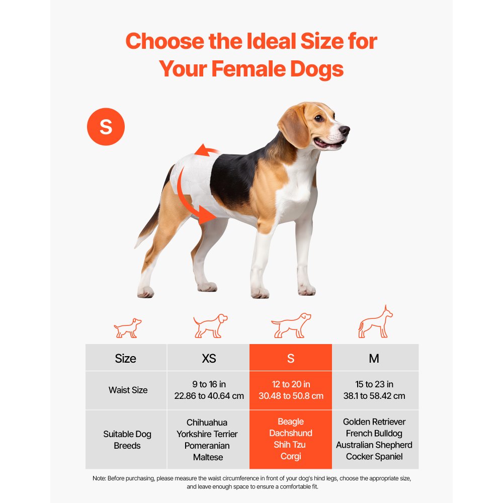 VEVOR Disposable Dog Diapers, Super Absorbent Female Dog Diapers, 360° Leak-Proof Female Doggy Pet Diaper with Wetness Indicator for Heat Period, Training, Incontinence - S, 144 Count (2 Packs of 72)
