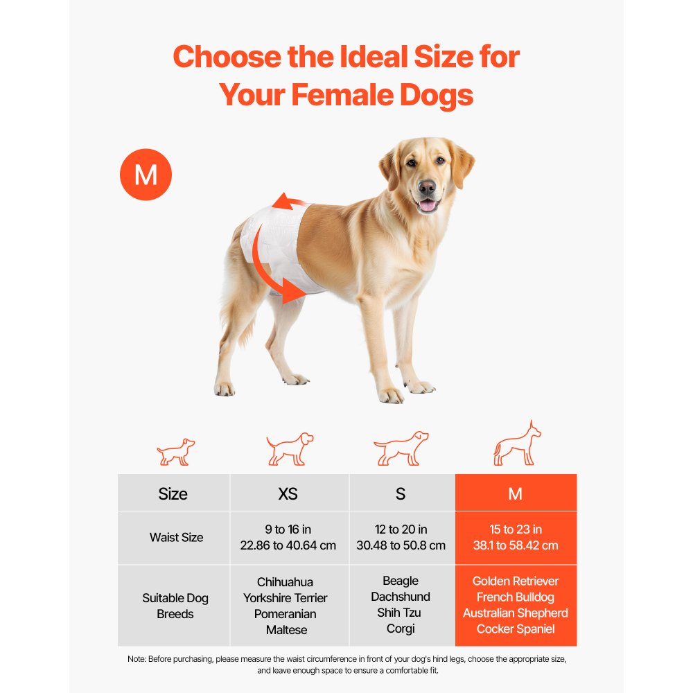 VEVOR Disposable Dog Diapers, Super Absorbent Female Dog Diapers, 360° Leak-Proof Female Doggy Pet Diaper with Wetness Indicator for Heat Period, Training, Incontinence - M, 96 Count (2 Packs of 48)