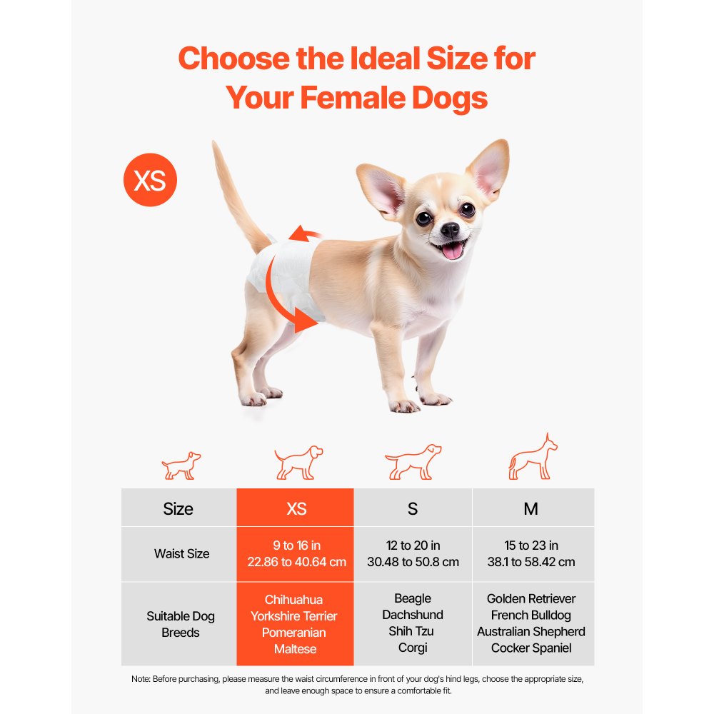 VEVOR Disposable Dog Diapers, Super Absorbent Female Dog Diapers, 360° Leak-Proof Female Doggy Pet Diaper with Wetness Indicator for Heat Period, Training, Incontinence - XS, 96 Count (2 Packs of 48)