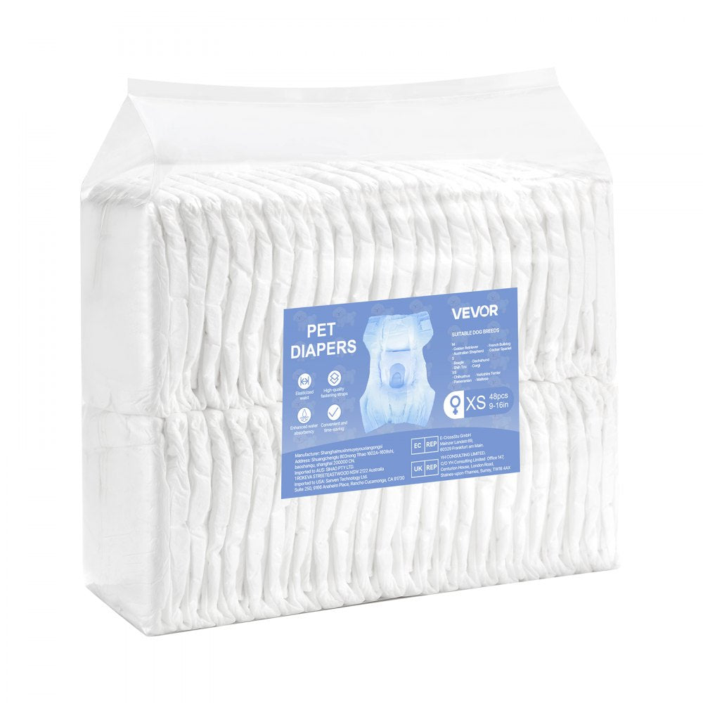 VEVOR Disposable Dog Diapers, Super Absorbent Female Dog Diapers, 360° Leak-Proof Female Doggy Pet Diaper with Wetness Indicator for Heat Period, Training, Incontinence - XS, 96 Count (2 Packs of 48)