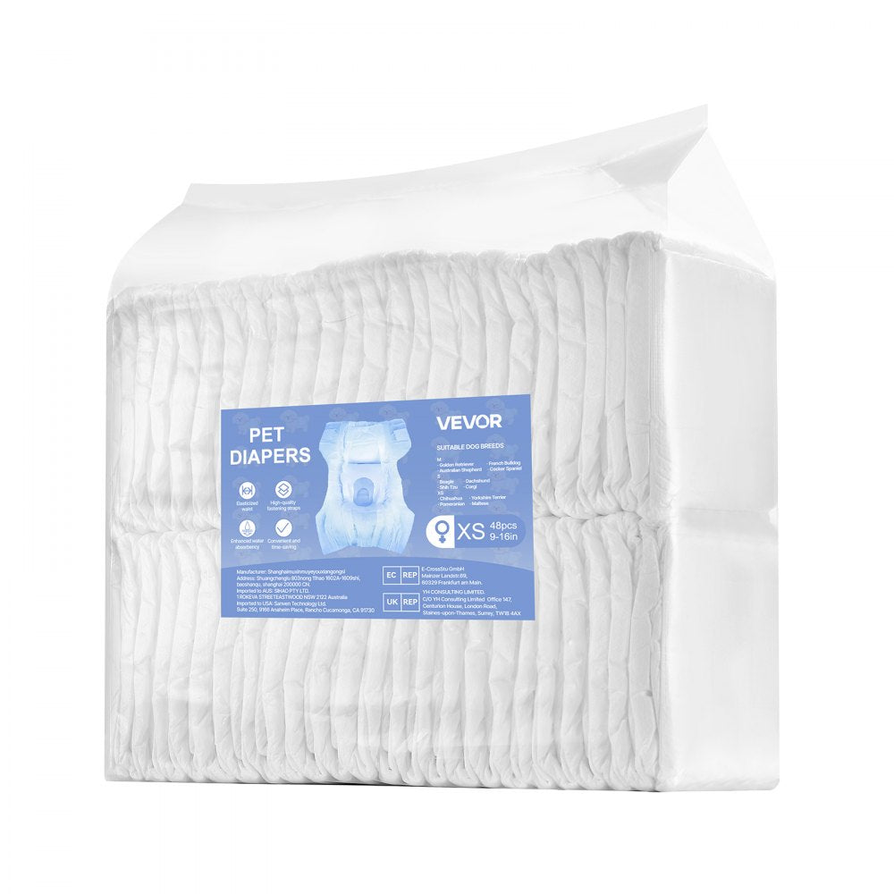 VEVOR Disposable Dog Diapers, Super Absorbent Female Dog Diapers, 360° Leak-Proof Female Doggy Pet Diaper with Wetness Indicator for Heat Period, Training, Incontinence - XS, 96 Count (2 Packs of 48)
