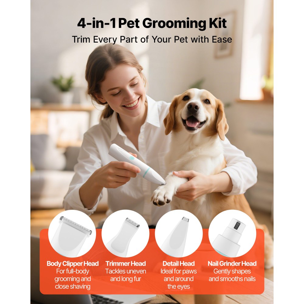 VEVOR Dog Clippers for Grooming, 4 in 1 Dog Grooming Kit, Low Noise, Rechargeable Pet Shaver with 6 Combs & 4 Detachable Blades, Waterproof Cordless Pet Hair Trimmers Nail Grinder Set for Dogs Cats