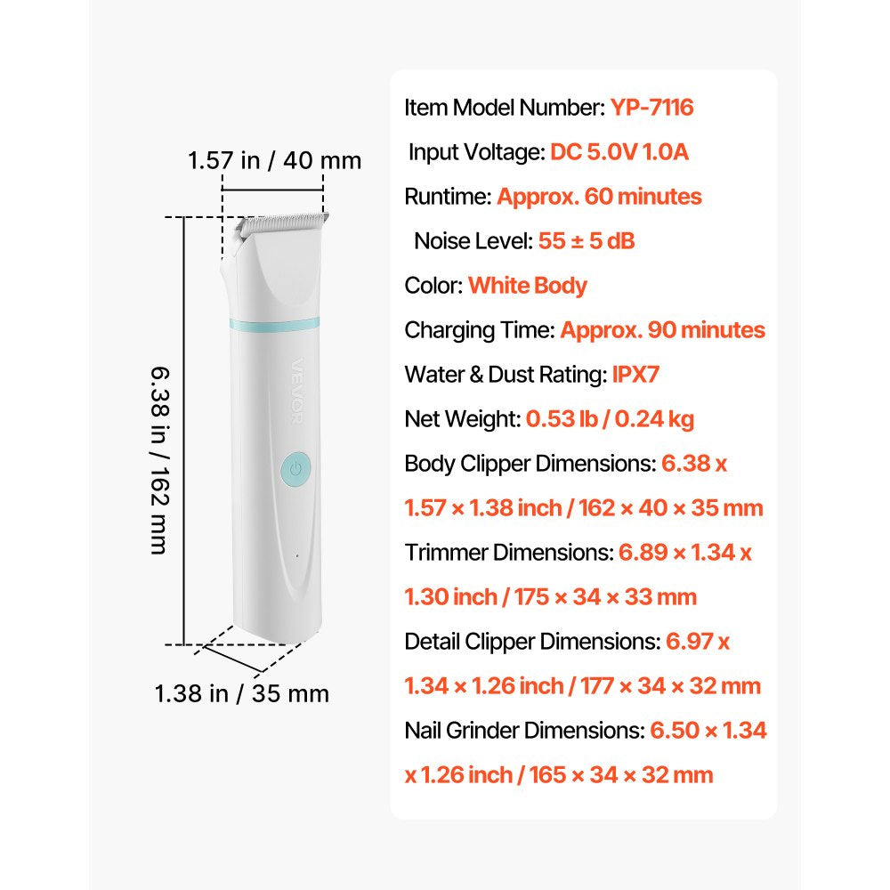 VEVOR Dog Clippers for Grooming, 4 in 1 Dog Grooming Kit, Low Noise, Rechargeable Pet Shaver with 6 Combs & 4 Detachable Blades, Waterproof Cordless Pet Hair Trimmers Nail Grinder Set for Dogs Cats