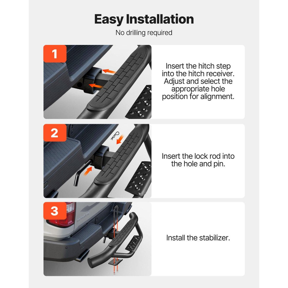 VEVOR Hitch Step for 2 Inch Receiver, Universal Rear Bumper Guard Protector with 350 LBS Load Capacity, Strong Mild Steel Construction with Pin Kit and Stabilizer, Fit for Truck, SUV, Pickup, Trailer