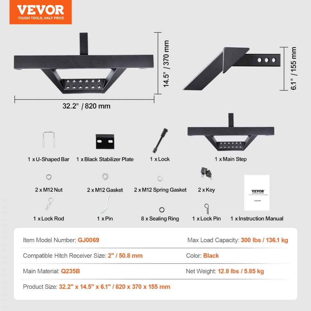 VEVOR Hitch Step for 2 Inch Receiver, Strong Steel Construction with 300 LBS Load Capacity, Rear Bumper Guard Protector with Pin Lock and Stabilizer, Universal Fit for Truck, SUV, Pickup, Trailer
