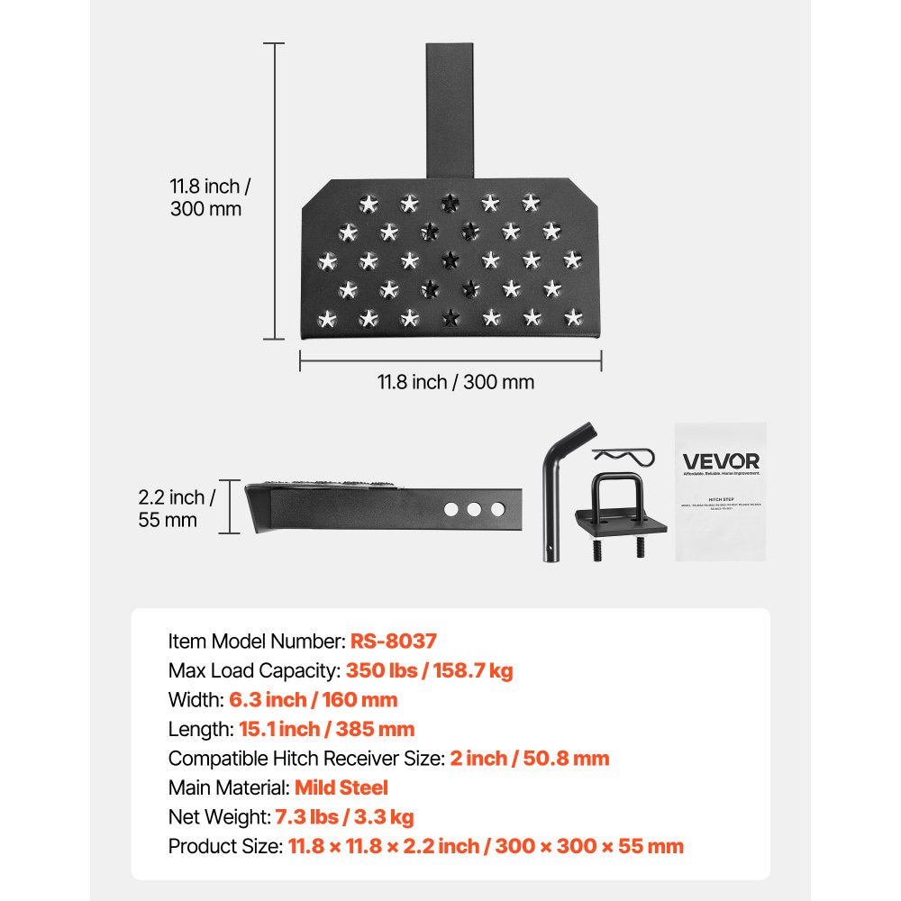 VEVOR Hitch Step for 2 Inch Receiver, Universal Rear Bumper Guard Protector with 350 LBS Load Capacity, Wide & Non-Slip Tow Hitch Step with Pin Kit and Stabilizer, Fit for Truck, SUV, Pickup, Trailer