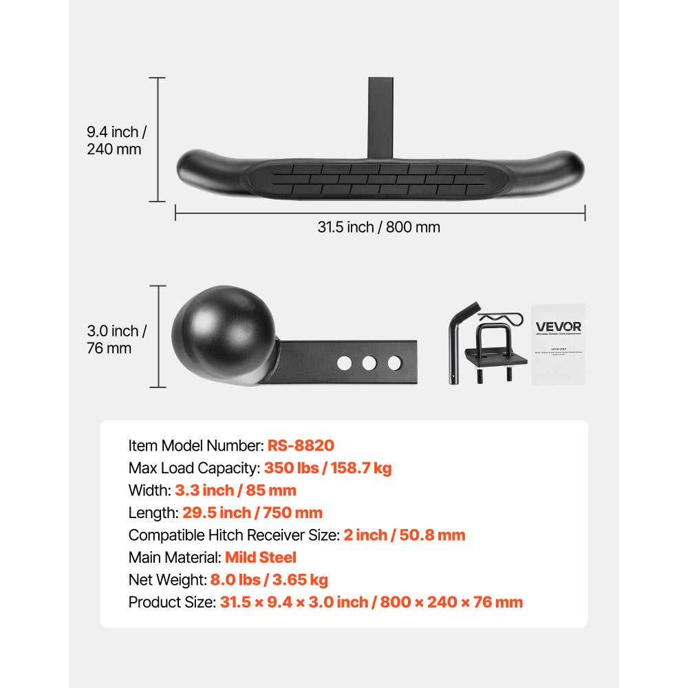 VEVOR Hitch Step for 2 Inch Receiver, Universal Rear Bumper Guard Protector with 350 LBS Load Capacity, Non-Slip Tow Hitch Step with Pin Kit and Stabilizer, Fit for Truck, SUV, Pickup, Trailer