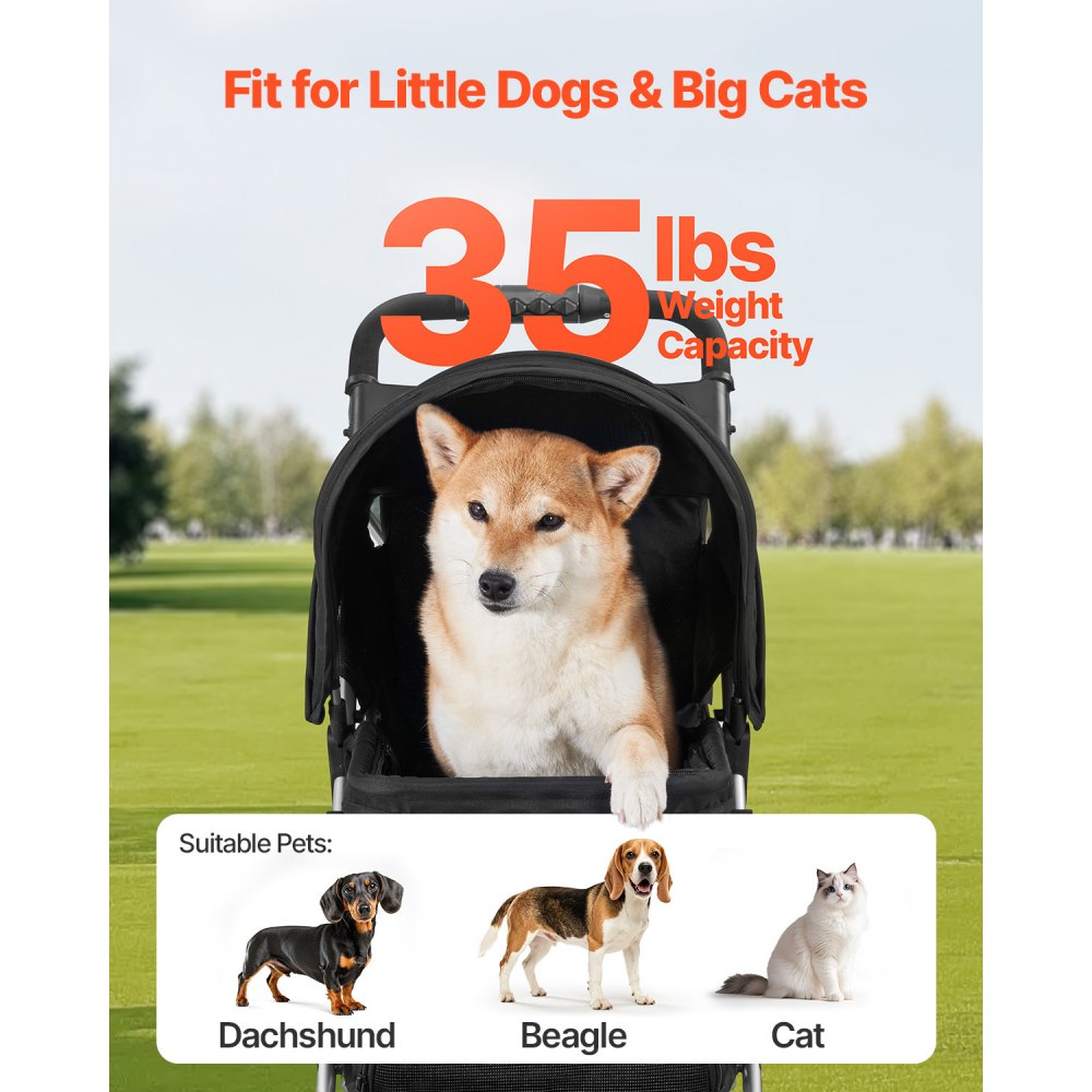 VEVOR Pet Stroller, 35 lbs Weight Capacity, Foldable Dog Stroller Cart, 3 Wheels Cats Stroller with Mesh Windows and Cup Holders, Portable Pet Carrier Stroller with Brake, for Small to Medium Pets