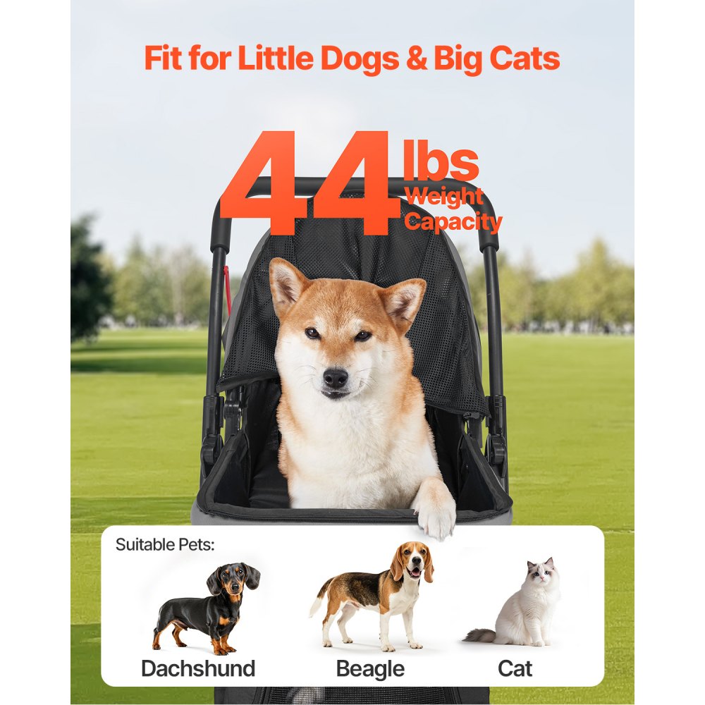 VEVOR Pet Stroller, 44 lbs Weight Capacity, Foldable Dog Stroller Cart, 4 Wheels Cats Stroller with Mesh Windows & Revrsible Handle, Portable Pet Carrier Stroller with Brake, for Small to Medium Pets