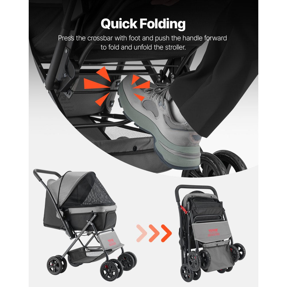VEVOR Pet Stroller, 44 lbs Weight Capacity, Foldable Dog Stroller Cart, 4 Wheels Cats Stroller with Mesh Windows & Revrsible Handle, Portable Pet Carrier Stroller with Brake, for Small to Medium Pets