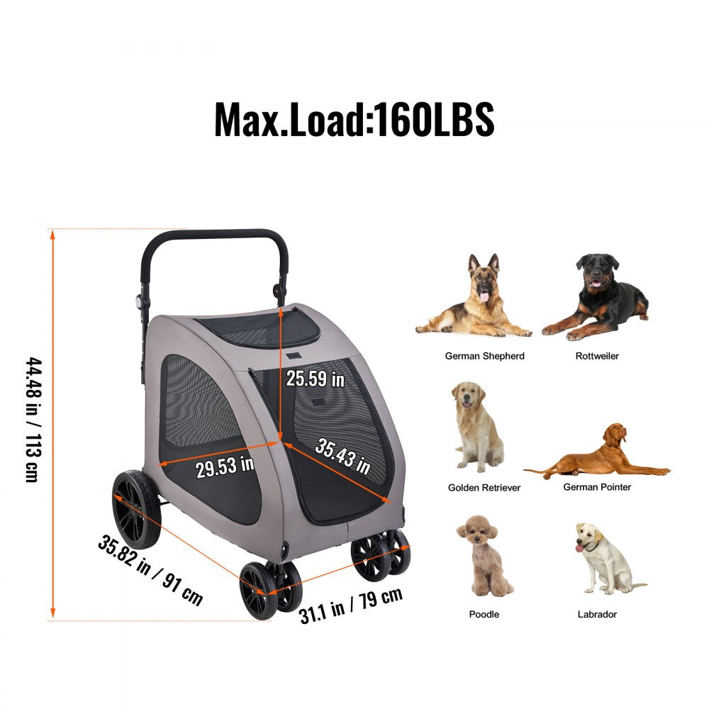 VEVOR Pet Stroller, 4 Wheels Dog Stroller with Brakes, 160lbs Weight Capacity, Portable Puppy Stroller Carrier with Breathable Mesh Windows & Height-Adjustable Height, Animal Stroller for Cats & Dogs