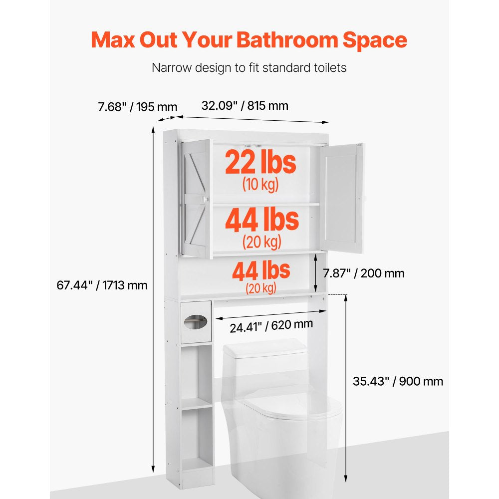 VEVOR Over The Toilet Storage Cabinet, 67.44 in Height Bathroom Storage Organizer with Double Door and Adjustable Shelf, Bathroom Space Saver Organizer Above Toilet with Open Shelf, White