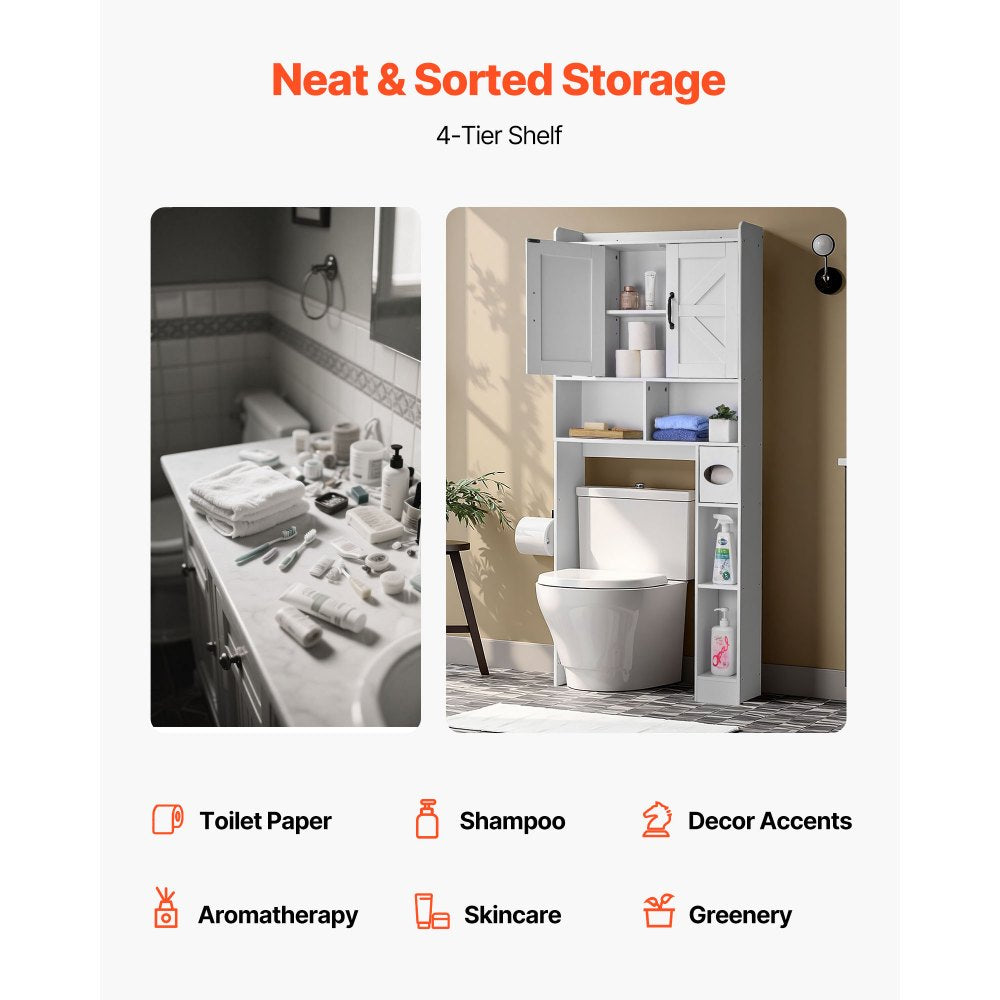 VEVOR Over The Toilet Storage Cabinet, 66.14 in Height Bathroom Storage Organizer with Double Door and Adjustable Shelf, Bathroom Space Saver Organizer Above Toilet with Open Shelf, White