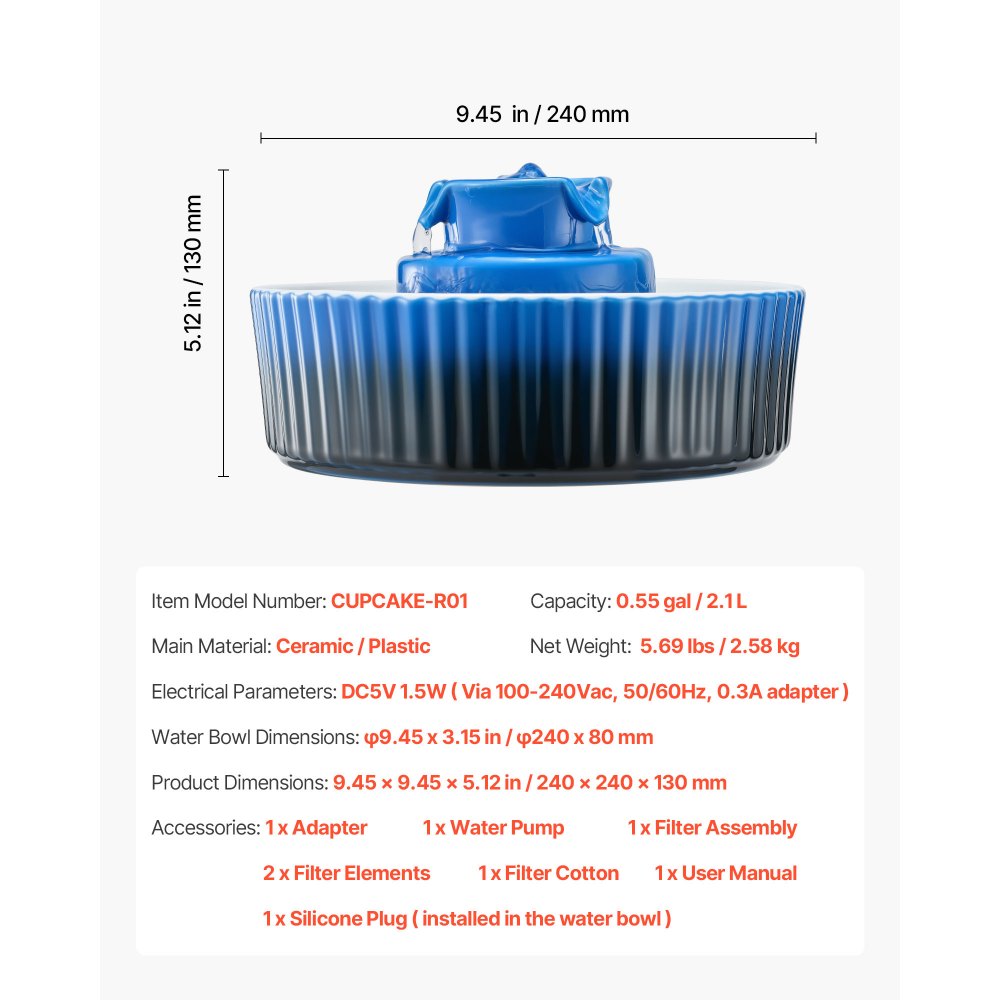 VEVOR Ceramic Cat Water Fountain, 2.1L/71oz Cupcake Pet Fountain, Porcelain Cat Water Dispenser with Ultra-Quiet Pump, 360° Drinking Area and Multi-Layer Filtration System, for Cats and Dogs (Blue)