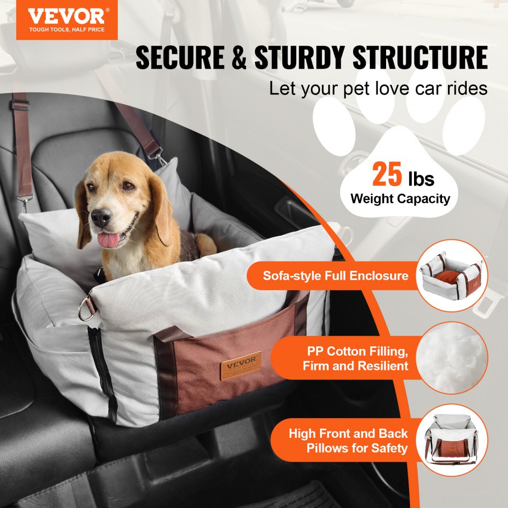 VEVOR Dog Car Seat, Waterproof Dog Booster Seat for Car with Side Handles and A Storage Pocket, Clip-On Safety Leash and PP Cotton Filling, Dog Car Bed for Small Dog up to 25lbs, Gray