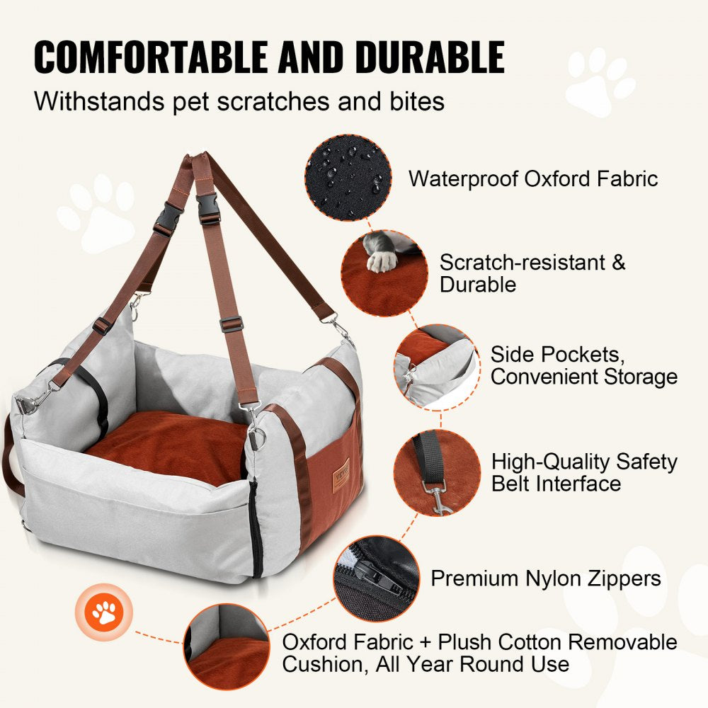 VEVOR Dog Car Seat, Waterproof Dog Booster Seat for Car with Side Handles and A Storage Pocket, Clip-On Safety Leash and PP Cotton Filling, Dog Car Bed for Small Dog up to 25lbs, Gray