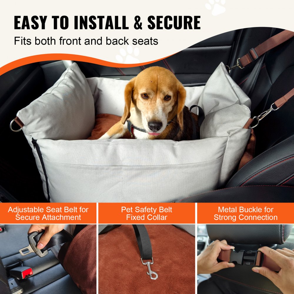 VEVOR Dog Car Seat, Waterproof Dog Booster Seat for Car with Side Handles and A Storage Pocket, Clip-On Safety Leash and PP Cotton Filling, Dog Car Bed for Small Dog up to 25lbs, Gray