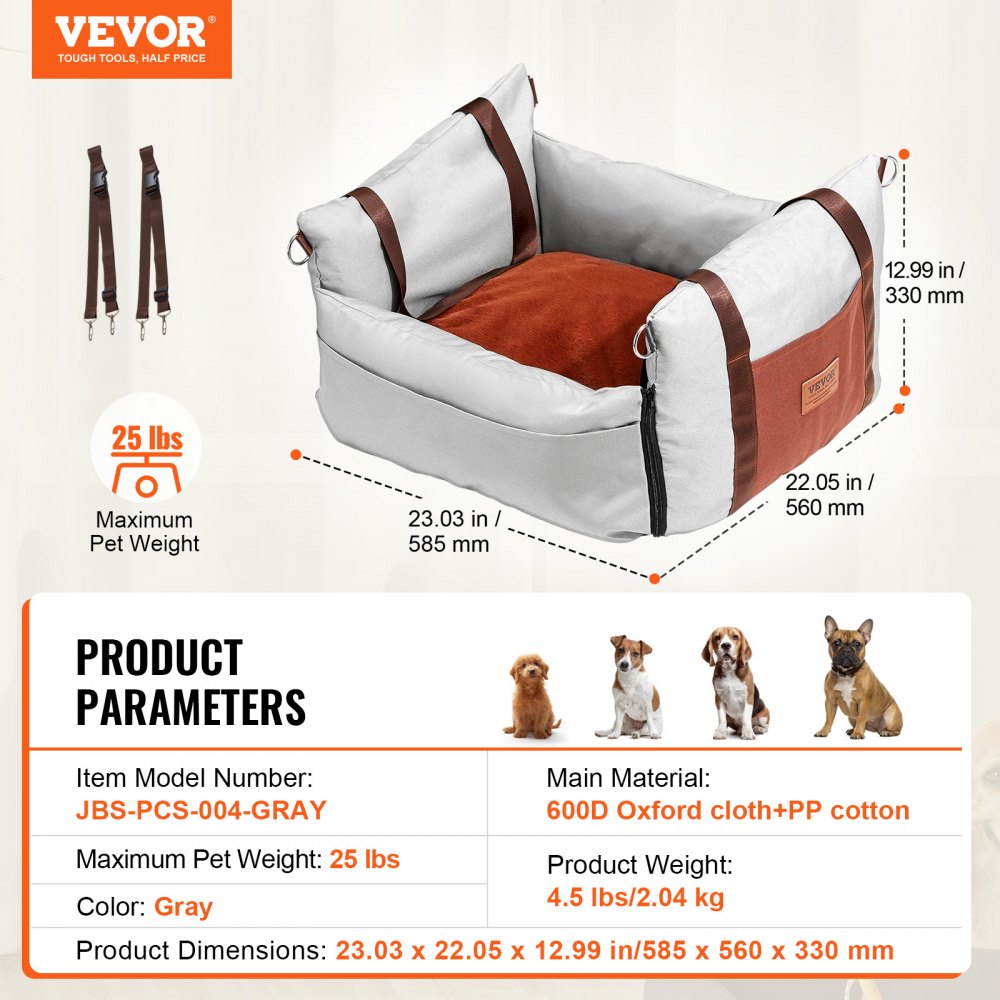 VEVOR Dog Car Seat, Waterproof Dog Booster Seat for Car with Side Handles and A Storage Pocket, Clip-On Safety Leash and PP Cotton Filling, Dog Car Bed for Small Dog up to 25lbs, Gray