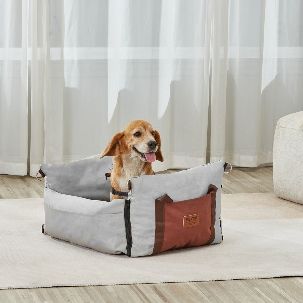VEVOR Dog Car Seat, Waterproof Dog Booster Seat for Car with Side Handles and A Storage Pocket, Clip-On Safety Leash and PP Cotton Filling, Dog Car Bed for Small Dog up to 25lbs, Gray