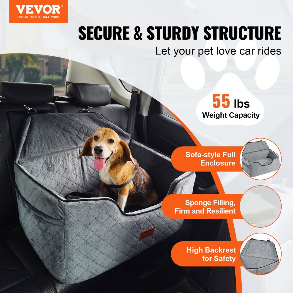 VEVOR Dog Car Seat, Dog Booster Seat for Car with A Storage Pocket, Pet Car Seat with Clip-On Safety Leash, Sponge Filling, Dog Car Bed for Medium & Large Dog up to 55 lbs, Gray