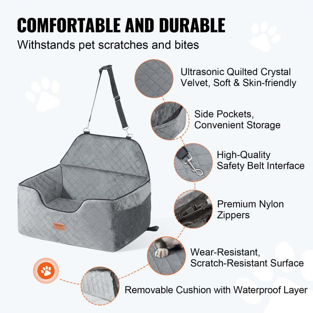 VEVOR Dog Car Seat, Dog Booster Seat for Car with A Storage Pocket, Pet Car Seat with Clip-On Safety Leash, Sponge Filling, Dog Car Bed for Medium & Large Dog up to 55 lbs, Gray