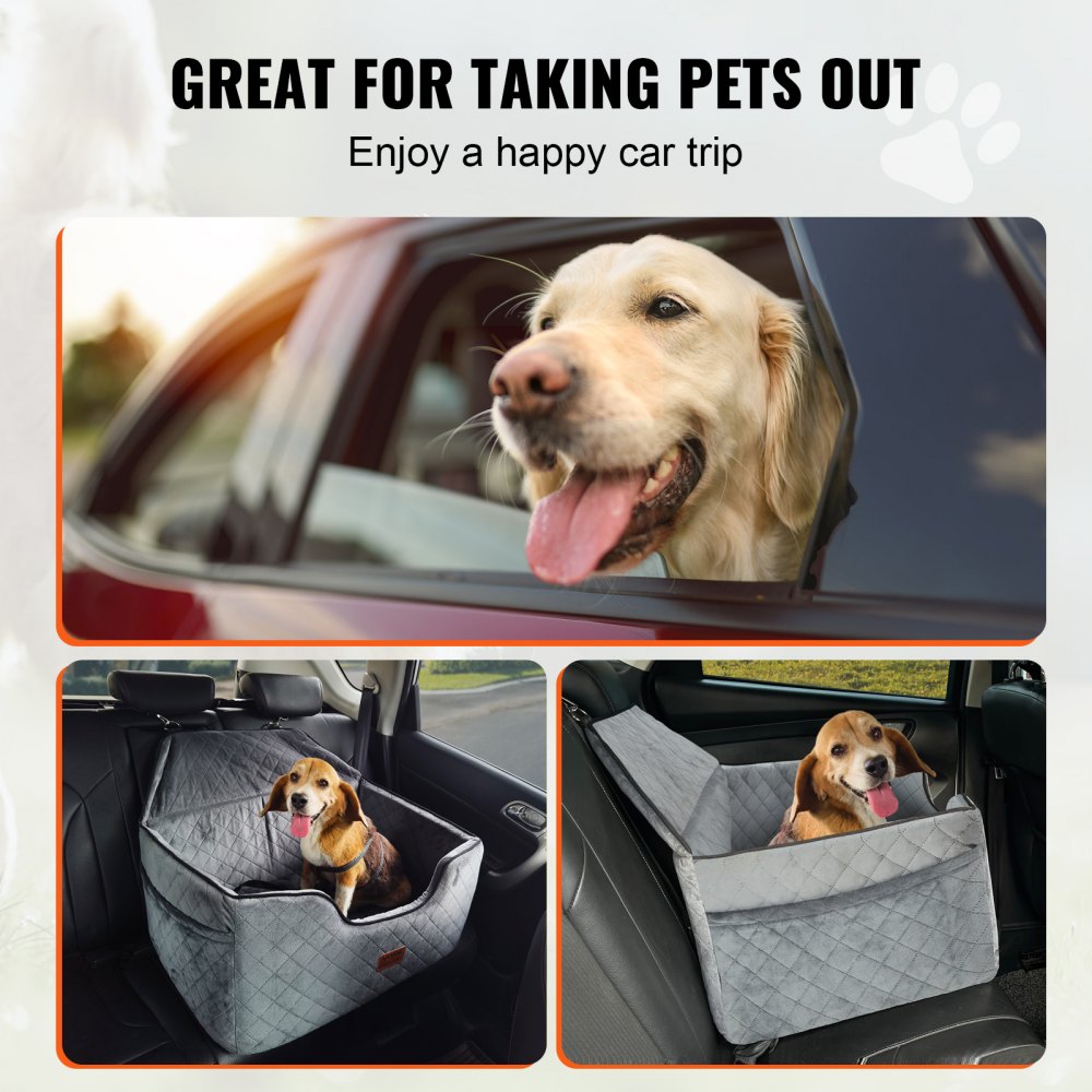 VEVOR Dog Car Seat, Dog Booster Seat for Car with A Storage Pocket, Pet Car Seat with Clip-On Safety Leash, Sponge Filling, Dog Car Bed for Medium & Large Dog up to 55 lbs, Gray