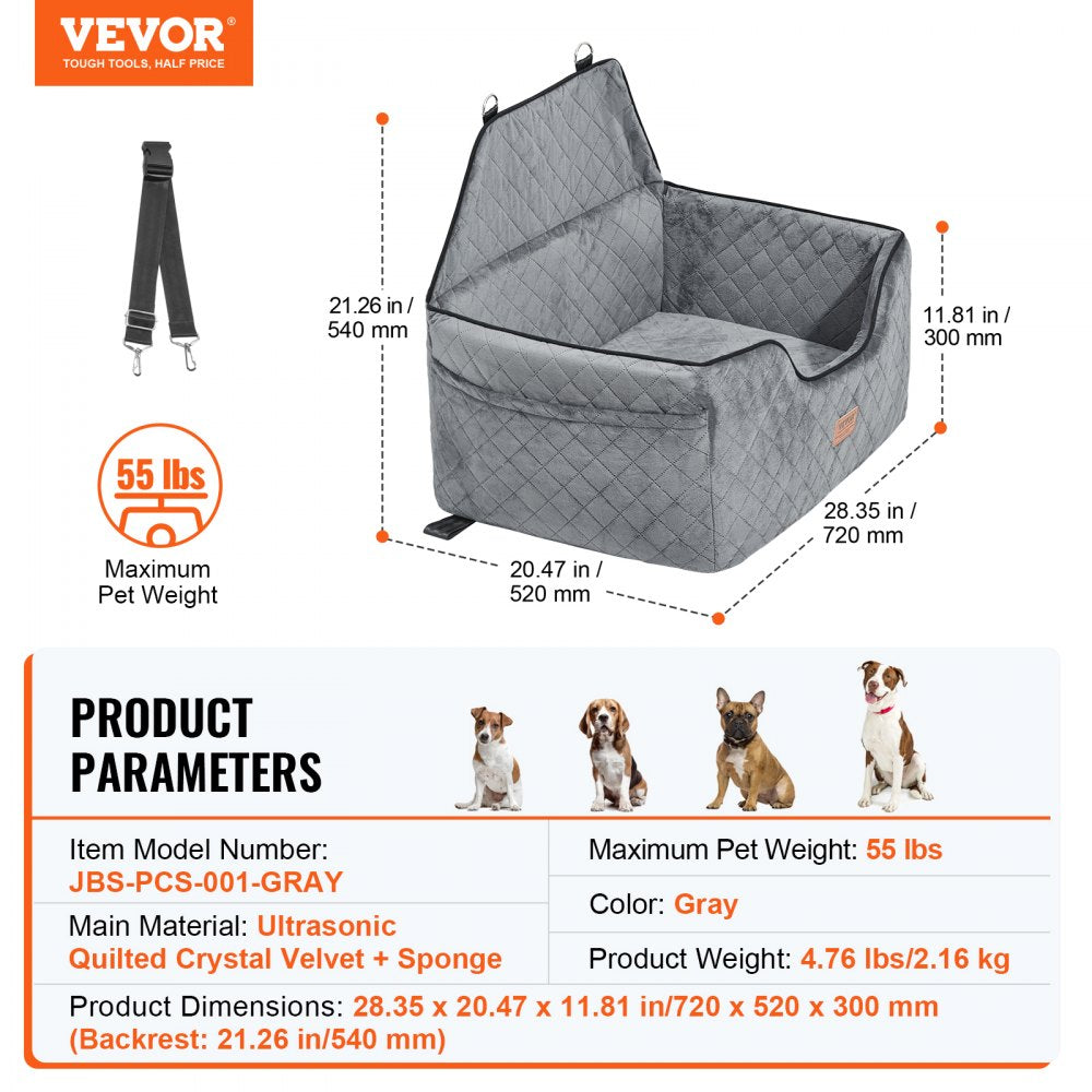 VEVOR Dog Car Seat, Dog Booster Seat for Car with A Storage Pocket, Pet Car Seat with Clip-On Safety Leash, Sponge Filling, Dog Car Bed for Medium & Large Dog up to 55 lbs, Gray