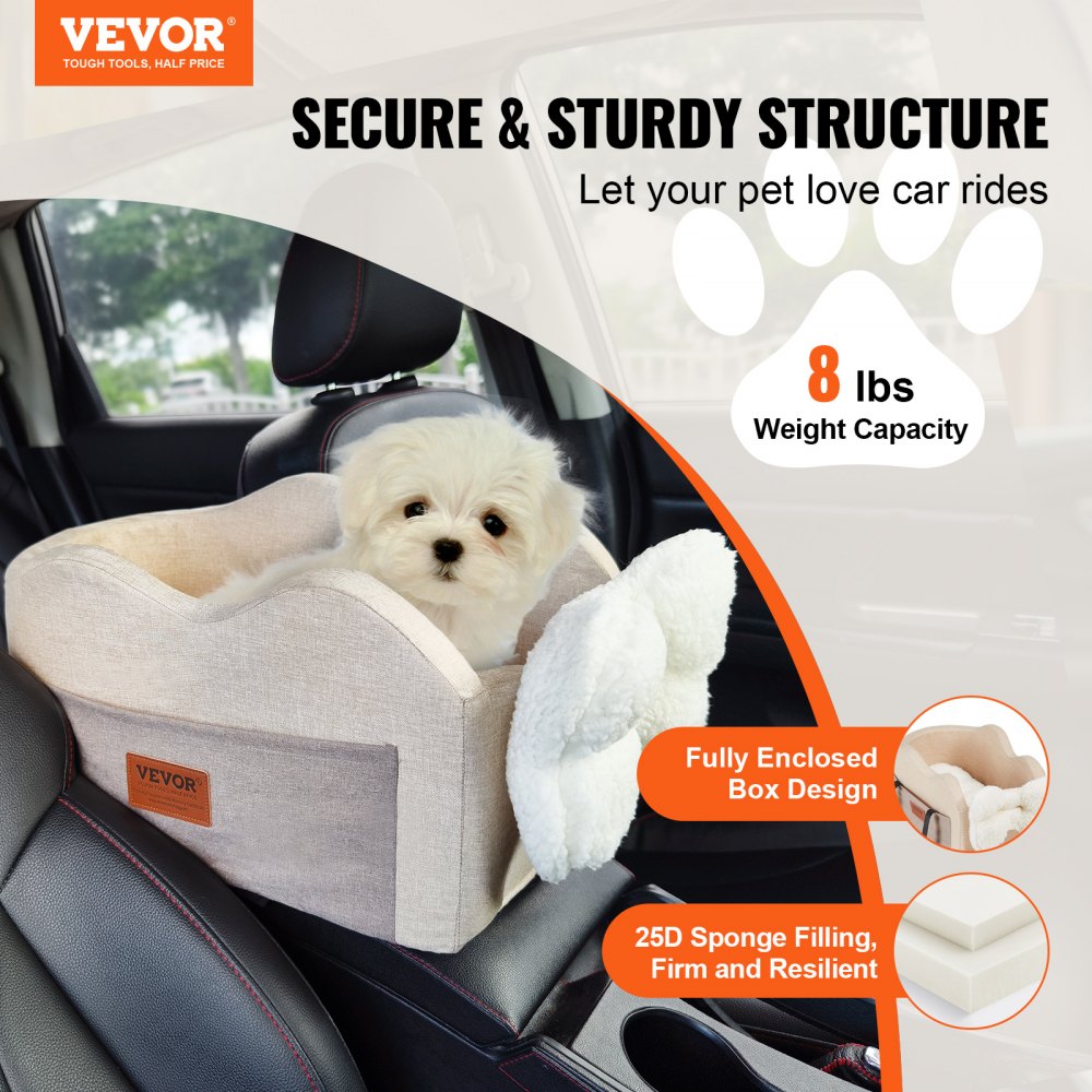 VEVOR Console Dog Car Seat, Center Console Dog Booster Seat for Small Dog, Pet Car Seat for Car Armrest with Clip-On Leash, Adjustable Straps, Supports up to 8lbs, Light Brown