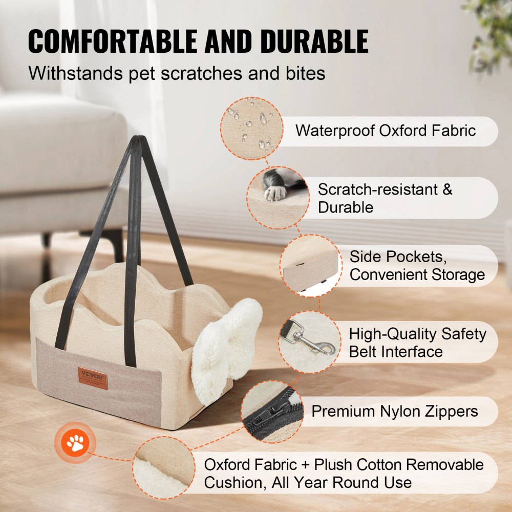 VEVOR Console Dog Car Seat, Center Console Dog Booster Seat for Small Dog, Pet Car Seat for Car Armrest with Clip-On Leash, Adjustable Straps, Supports up to 8lbs, Light Brown
