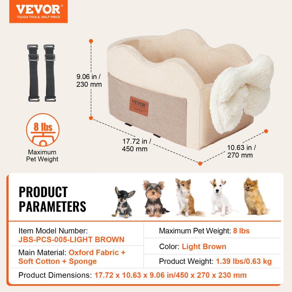 VEVOR Console Dog Car Seat, Center Console Dog Booster Seat for Small Dog, Pet Car Seat for Car Armrest with Clip-On Leash, Adjustable Straps, Supports up to 8lbs, Light Brown