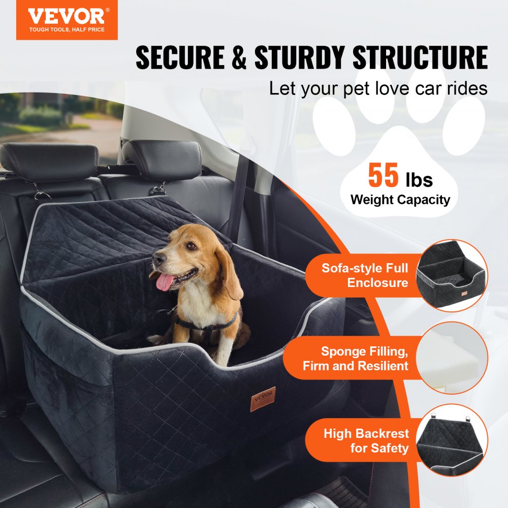VEVOR Dog Car Seat, Dog Booster Seat for Car with A Storage Pocket, Pet Car Seat with Clip-On Safety Leash, Sponge Filling, Dog Car Bed for Medium & Large Dog up to 55 lbs, Black