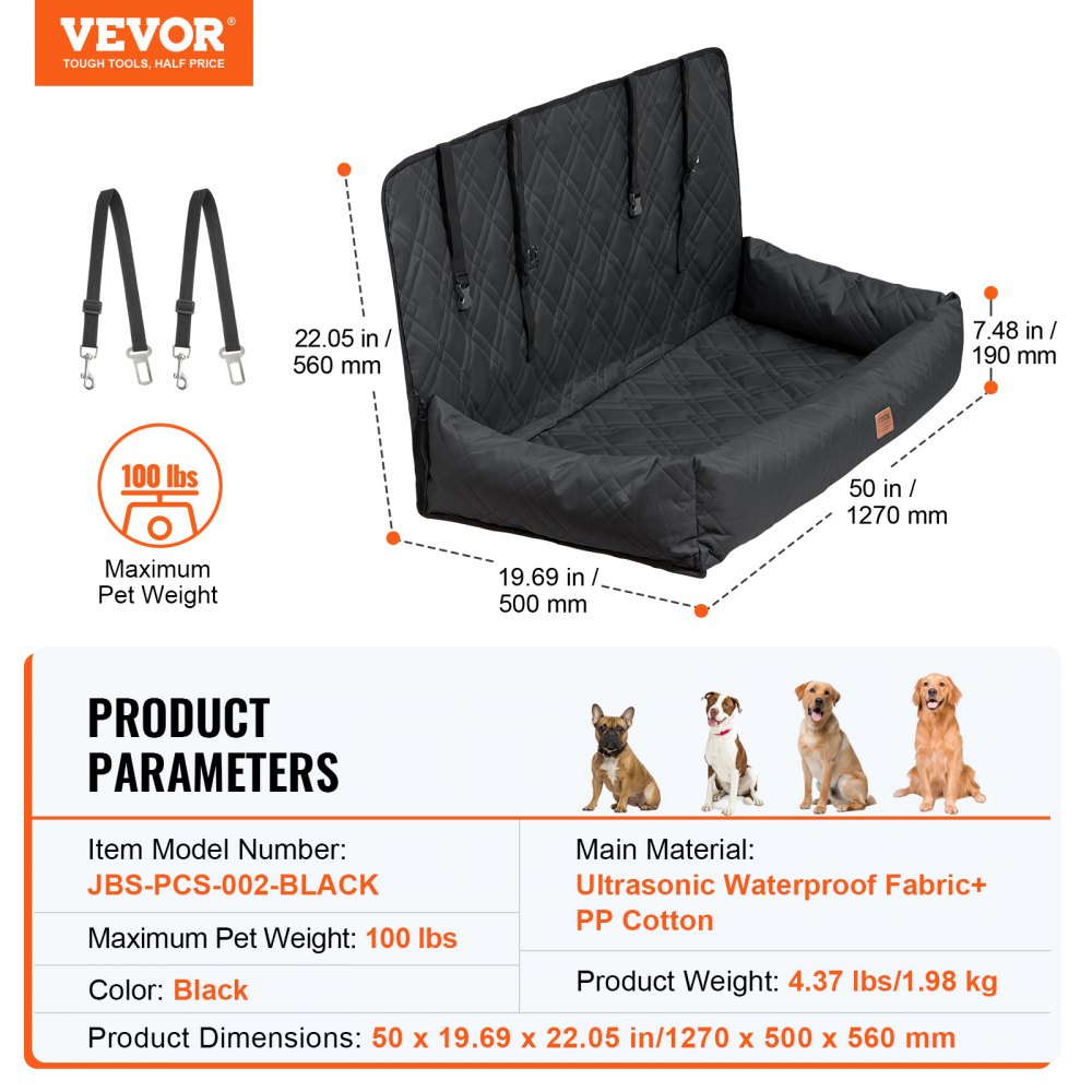 VEVOR Dog Car Seat, Waterproof Dog Booster Seat for Car, Pet Car Seat with Clip-On Safety Leash, PP Cotton Filling, Dog Car Bed for Medium & Large Dog up to 100 lbs, Black