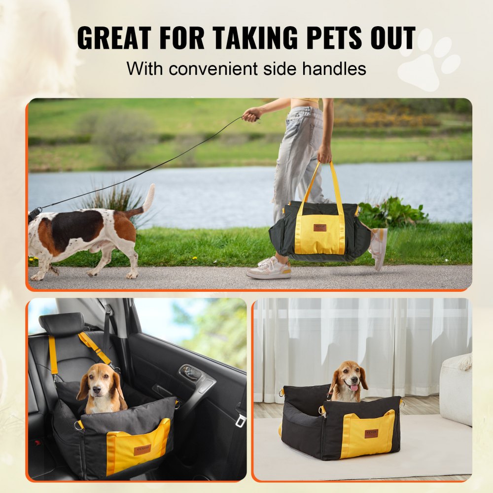 VEVOR Dog Car Seat, Waterproof Dog Booster Seat for Car with Side Handles and A Storage Pocket, Clip-On Safety Leash and PP Cotton Filling, Dog Car Bed for Small Dog up to 25lbs, Black