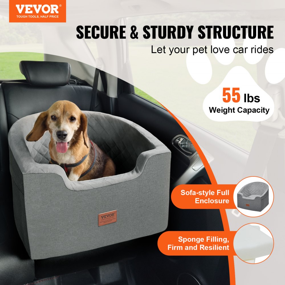 VEVOR Dog Car Seat, Waterproof Dog Booster Seat for Car with A Storage Pocket, Clip-On Safety Leash and Sponge Filling, Dog Car Bed for Small & Medium Dog up to 55lbs, Gray